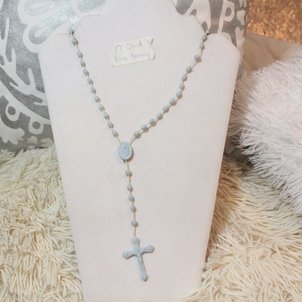 1990s Cloud Blue 17" Long Catholic Praying Rosary Beads Plastic Detailed Rosary